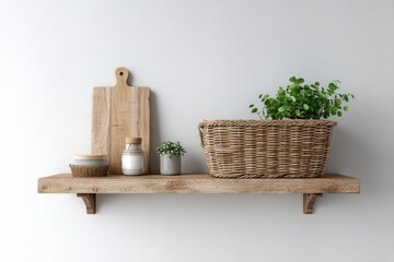 Rustic wooden shelf displays a wicker basket with greenery, wooden cutting board, small plants, and jars