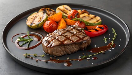 Grilled Steak with Roasted Vegetables Dark Plate beef steak