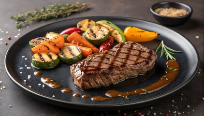 Grilled Steak with Roasted Vegetables and Sauce on Dark Plate