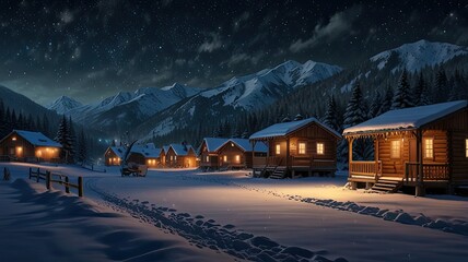 Obraz premium Beautiful winter night landscape with wooden houses in mountains. 3d rendering