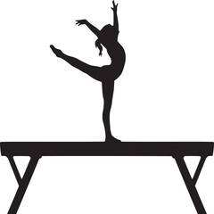 Silhouette of gymnast performing balance beam routine with arms raised and leg extended upwards in monochrome