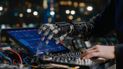 Close-up of robotic hand receiving commands via a wireless tablet device, cables and control units visible behind, with blue and orange LED indicators blinking rhythmically
