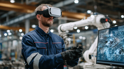 Technician using VR headset to program robotic arm movements in a digital twin simulation of a manufacturing plant, immersive holographic controls and robotic models floating midai
