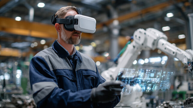 Technician using VR headset to program robotic arm movements in a digital twin simulation of a manufacturing plant, immersive holographic controls and robotic models floating midai