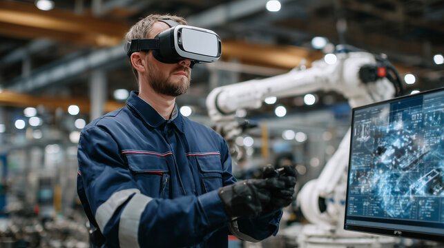 Technician using VR headset to program robotic arm movements in a digital twin simulation of a manufacturing plant, immersive holographic controls and robotic models floating midai