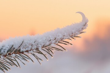 A snow-covered evergreen branch against a soft, warm background glows with winter's delicate beauty and peaceful stillness.