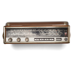 Fototapeta premium A vintage radio with a wooden finish and analog tuning dials, designed for receiving AM and FM broadcasts.