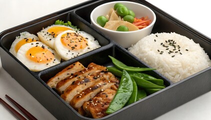 Japanese Bento Box Grilled Chicken Fried Egg Rice Peas