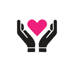 Black isolated outline icon of heart in hands on white background. Line icon of heart and hands. Symbol of care, love, charity.