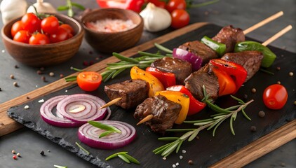 Juicy Beef Skewers with Red Yellow Orange Peppers and Red Onion