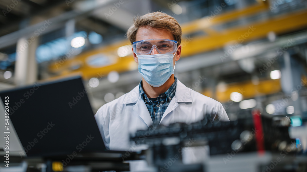 Poster technician in safety goggles monitoring the progress of a large-scale additive manufacturing system 