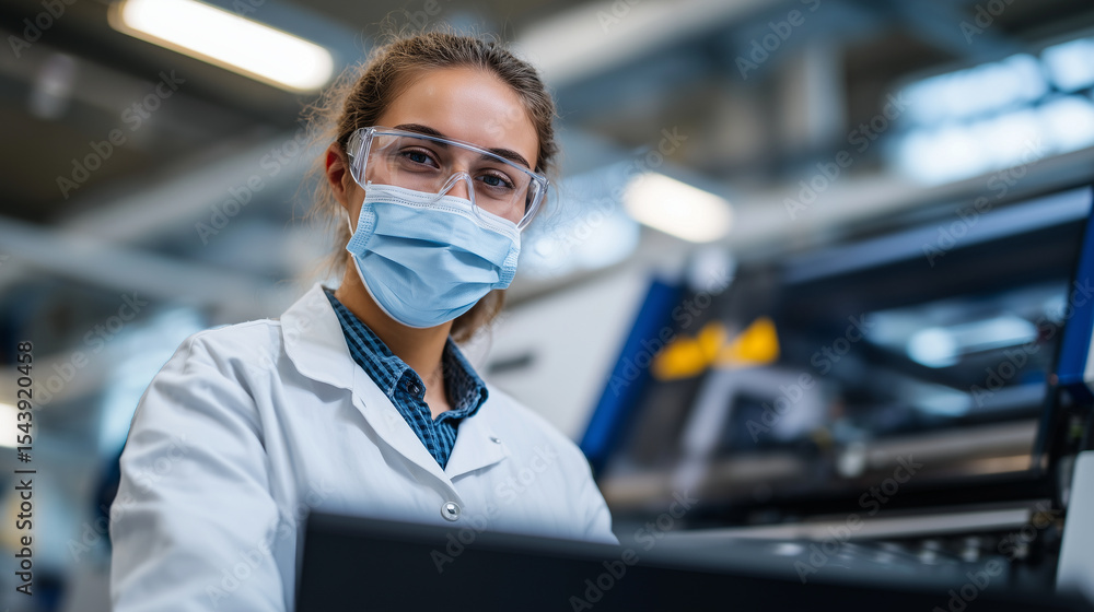 Poster technician in safety goggles monitoring the progress of a large-scale additive manufacturing system 