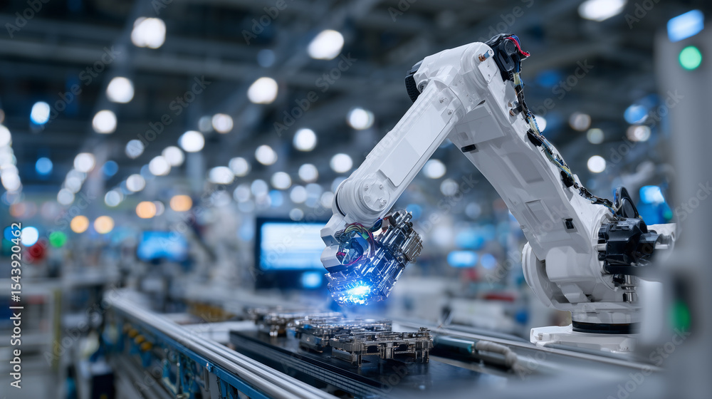 Poster robotic arm picking freshly printed 3d-printed mechanical parts from a conveyor belt, with other pri