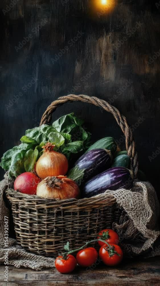Poster fresh produce in a wicker basket placed on a rustic wooden table