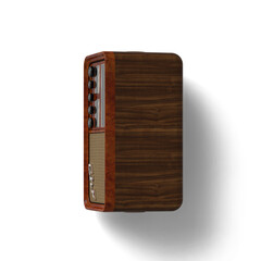 A vintage-style radio with a wooden finish, featuring knobs and a speaker grille, designed for listening to music and broadcasts.