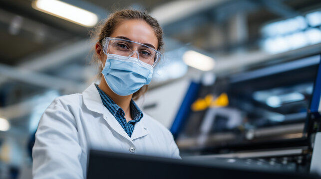 Technician in safety goggles monitoring the progress of a large-scale additive manufacturing system printing custom orthopedic implants in a sterile lab environment