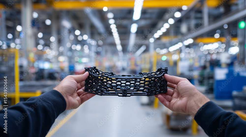 Poster hands of a designer holding a newly 3d-printed prototype drone frame, examining the fine mesh lattic