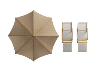 Top View Beach Umbrella and Wooden Sun Loungers