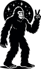 Bigfoot Giving Peace Sign Under a Starry Night Sky