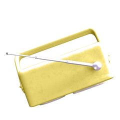 A vintage yellow radio with a carrying handle and an antenna, designed for listening to music and...