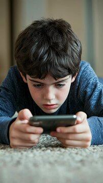 A boy is playing a video game on a cell phone. He is laying on the floor and is looking at the screen