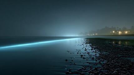 Soft blue bioluminescence glowing across foggy shoreline natural sea algae taken at night with soft ambient light in natural setting