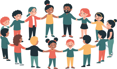 A group of diverse children and an adult holding hands in a circle shape