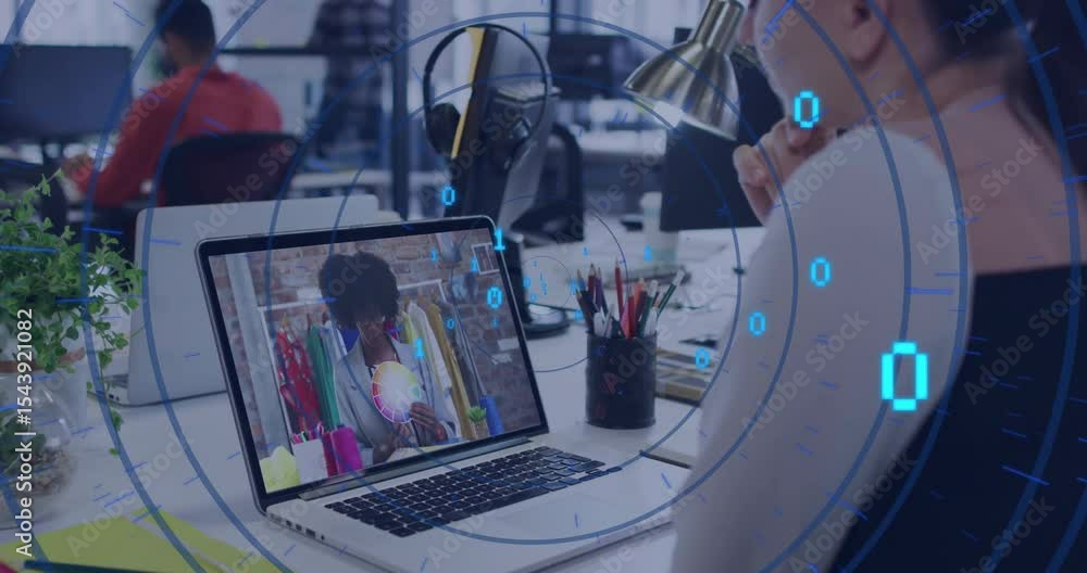 Poster woman booting laptop for styling call with binary code floating and stylist showcasing garments