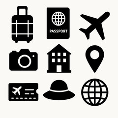 Solid travel icons set featuring luggage, passport, plane, hotel, and location symbols for tourism and vacation visuals.