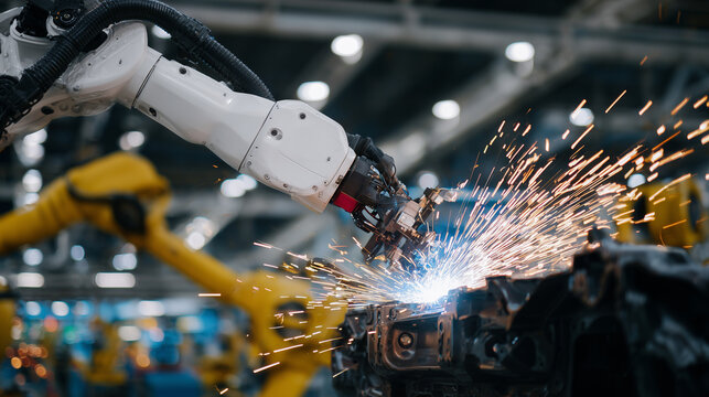 Close-up of a robotic arm and human hand jointly tightening bolts on an automotive chassis, sparks flying from welding stations in the background