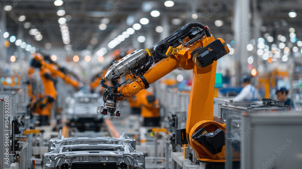 Poster side view of humans and robots working in parallel on an assembly line producing automotive interior