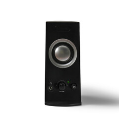 A sleek black speaker featuring a volume control knob and a power indicator, designed for audio...