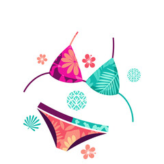Colorful floral bikini and swimsuit with decorative flowers  