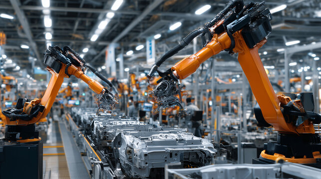 Side view of humans and robots working in parallel on an assembly line producing automotive interiors, with bright orange robotic arms and focused workers side by side