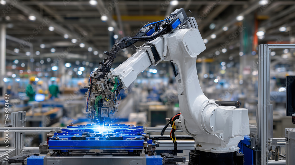 Poster industrial robot with multiple articulated arms delicately assembling fragile glass components while