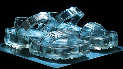 Clear, sculpted sandals,  a pair of transparent, chunky platform sandals with silver buckles, presented on a light-blue platform