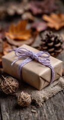 Rustic autumnal gift, brown paper wrapped, tied with lavender twine, rests on burlap, surrounded by fall leaves and pinecones on weathered wood