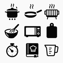 Cooking solid icon pack with microwave, recipe book, timer, and kitchen tools.