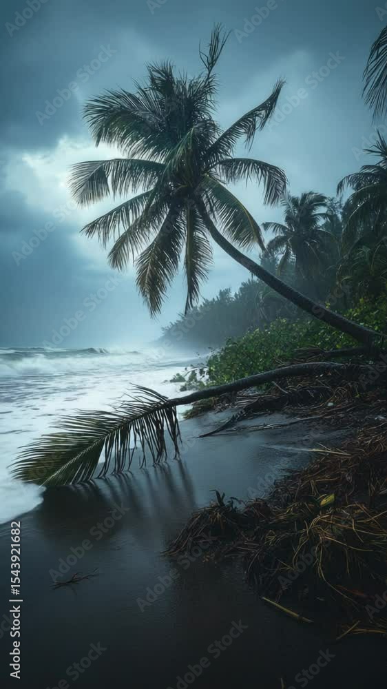 Poster a palm tree leaning over the surface of calm water