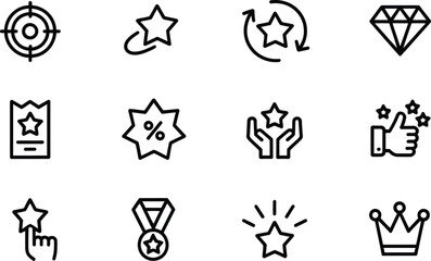 Fototapeta premium Twelve black outline icons representing success and achievement on white back