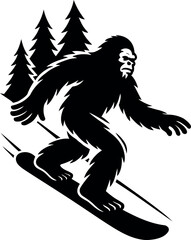 Bigfoot snowboarding downhill with trees behind