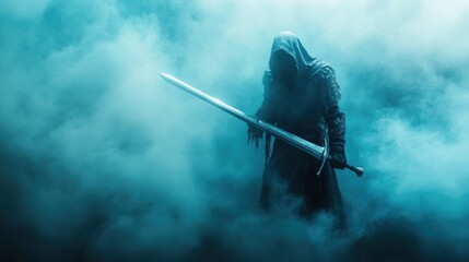 This evocative image features a hooded figure holding a sword, enveloped in a mystical fog that creates a sense of intrigue, mystery, and a narrative waiting to unfold.