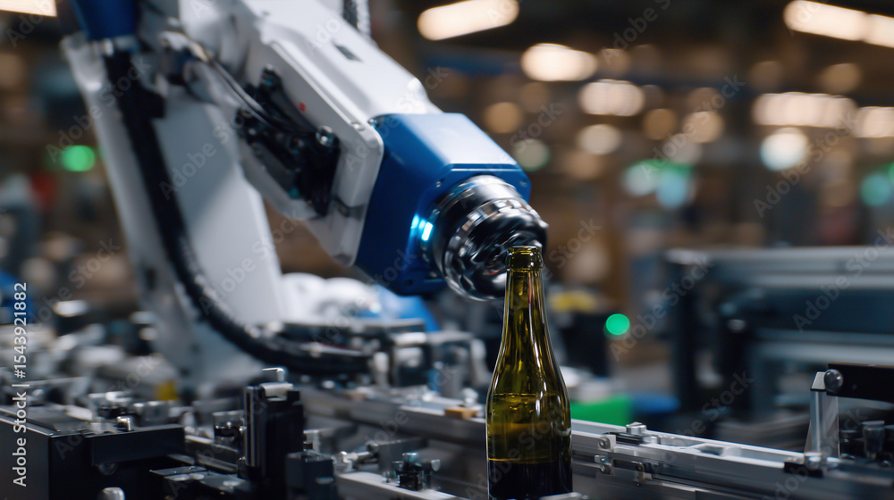 Poster ai-powered computer vision detecting cracks and surface defects on glass bottles, robotic arms remov