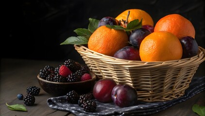 Ripe Oranges Plums Blackberries in Wicker Basket Dark Background