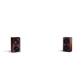 A pair of wooden speakers designed for audio playback, showcasing a sleek and modern aesthetic.