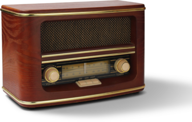 A vintage wooden radio with knobs for volume and tuning, showcasing a classic design for listening to music and news.