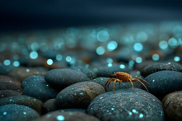 Small crab species walking across glowing bioluminescent algae patches beach rocks twilight marine realism