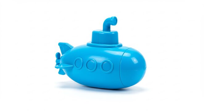 Blaues Spielzeug-UBoot taucht auf weiss auf sanftes Licht leuchtet. AI Generated