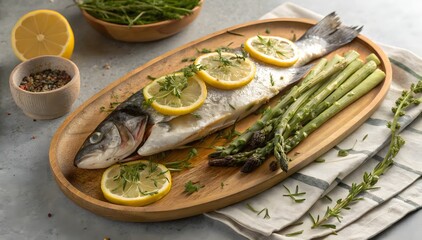 Roasted Sea Bass Lemon Asparagus Garnish Wooden Platter