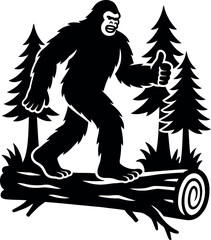 Bigfoot walking across a log bridge in the forest giving a Thumbs Up